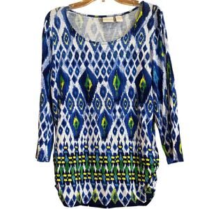 Women's Chico's 3/4 Sleeve Ruched Side Top, Blue, Whte, Green, Sz 0 (Sm 4-6) EUC